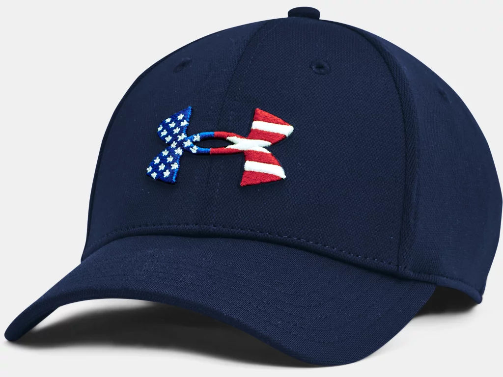 The Academy blue Under Armour Freedom Blitzing cap features a red white and blue logo.